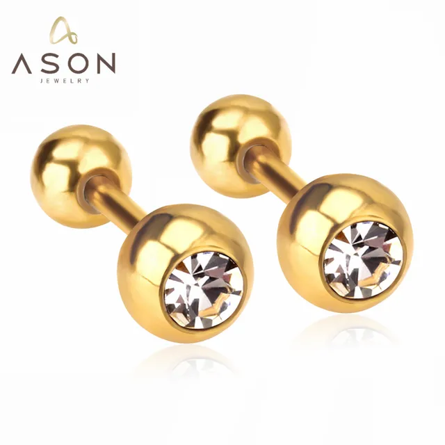 Surgical Round Shape Cubic Zirconia Screw Stud Earrings Gold Color Stainless Steel for Kid/Women/Girl Jewelry Piercing 1