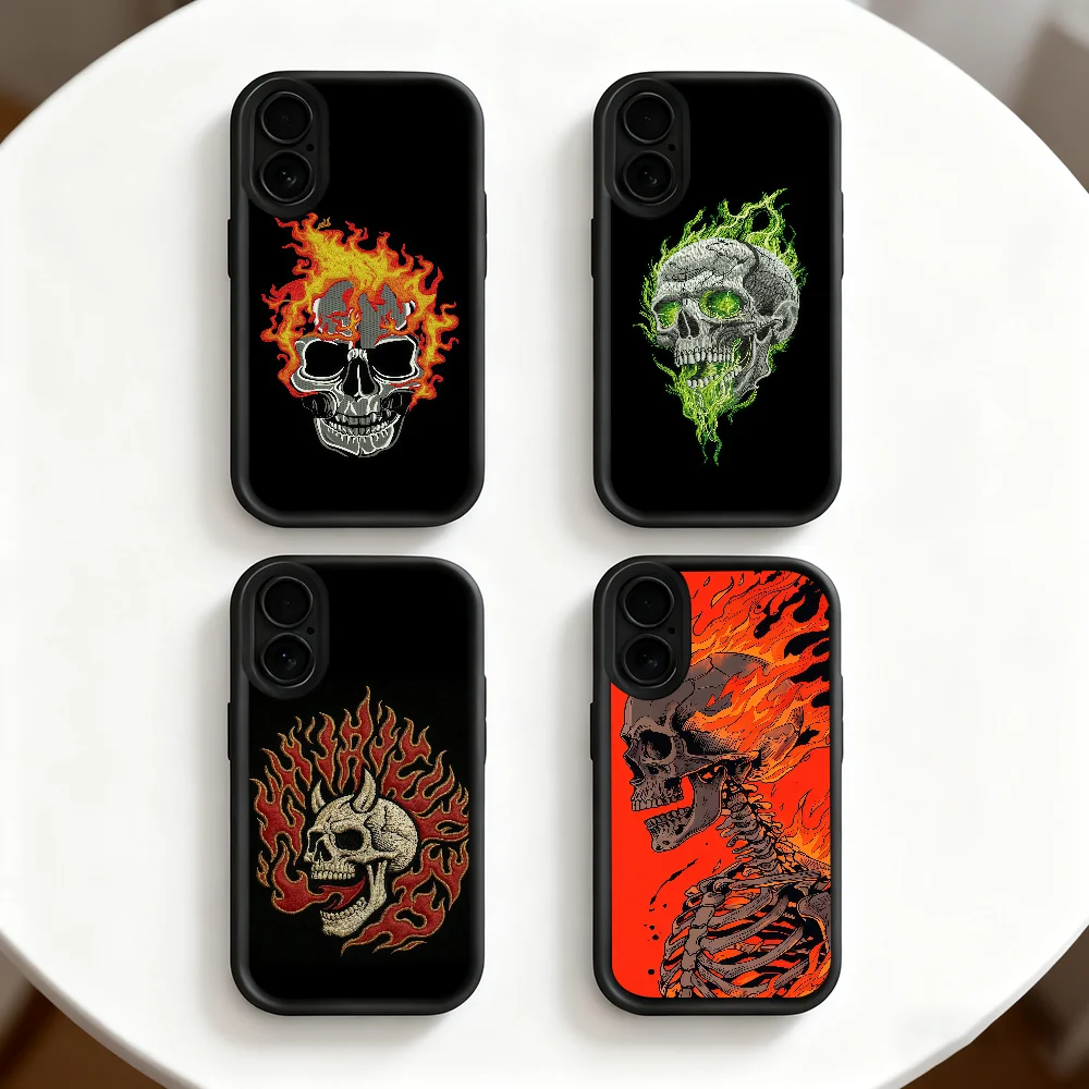 Skull Flame Embroidery Black Soft Shell Phone Case with Lens Protection