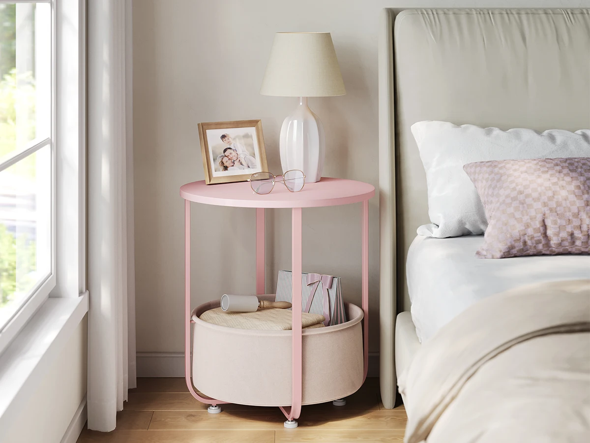 WOLTU Runder kleiner Couchtisch, Beistelltisch mit Stoff-Aufbewahrungskorb, Metallrahmen, Nachttisch, modern, für Wohnzimmer, Schlafzimmer – Detail 33
