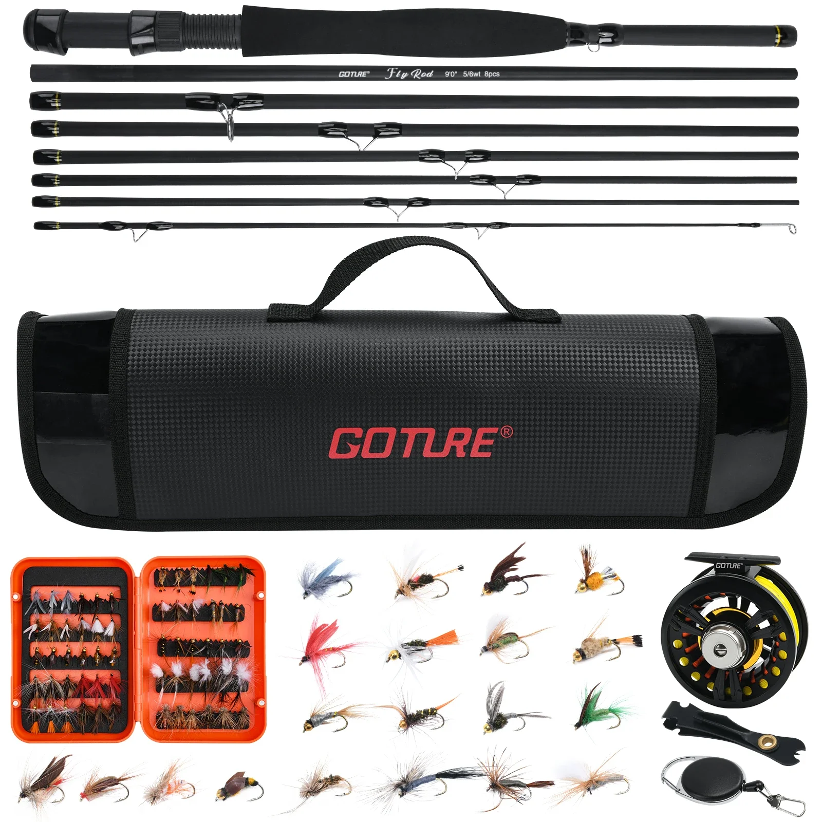 Goture Fly Fishing Rod Set Carbon Fiber Fly Rod with Line Lures Reel for Trout Carp Fishing Tackle with PVC Tube 5/6 7/8 9FT fishing pole set,fishing rod and reel combo