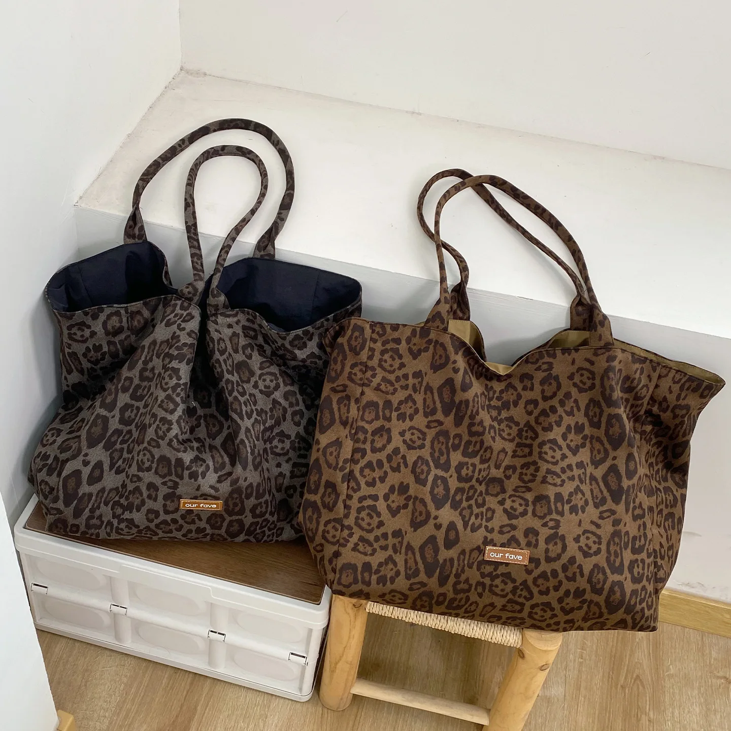 Vintage Leopard Women's Suede Shoulder Bags Double Sided Female Versatile Tote Shopping Bag Large Capacity Travel Handbags