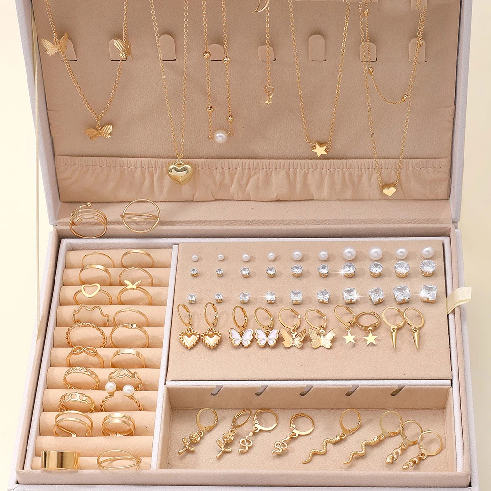 84 Pcs Vintage Imitation Pearl Zircon Butterfly Pendant Earrings Ring Necklace For Women Daily Wear Jewelry Sets