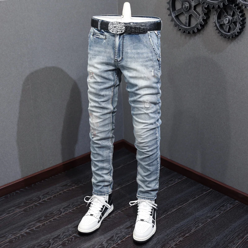 Fashion Designer Men Jeans High Quality Retro Light Blue Elastic Slim Ripped Jeans Men Embroidery Patched Vintage Pants Hombre