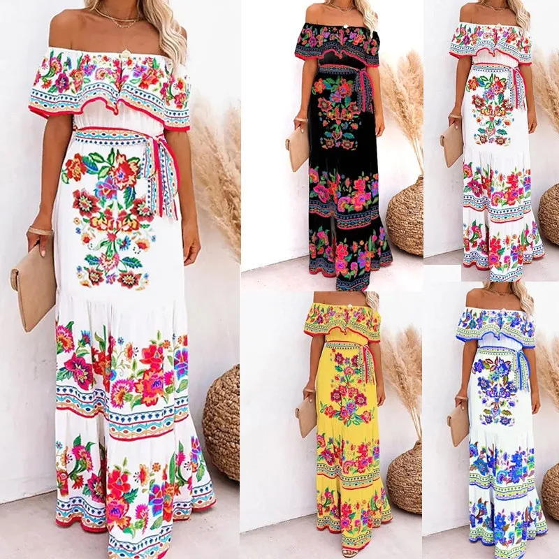 

Women's new one-shoulder safflower print multi-layer long lace elegant party date street swing dress