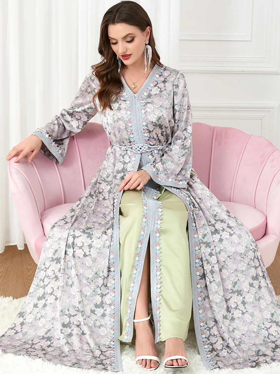 

Eid Abayas Women Muslim Dress Two Pieces Sets Floral Morocco Party Dresses Lace Belted Kaftan Split Hem Dubai Turkey Arabic Robe