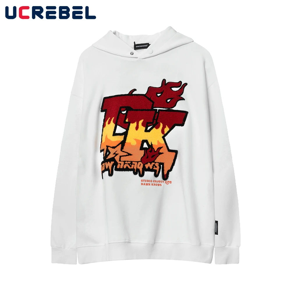 

Letter Towel Embroidery Casual Sweatshirts Mens Autumn Loose Long Sleeve Streetwear Flame Hooded Sweatshirts Men