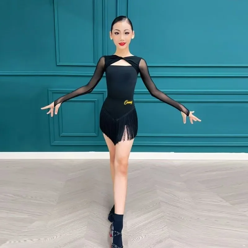 Kids Latin Dance Clothes Girls Black Jumpsuit Long Sleeves Tops Tassel Skirt Cha Cha Rumba Samba Latin American Dance Costumes dance dress