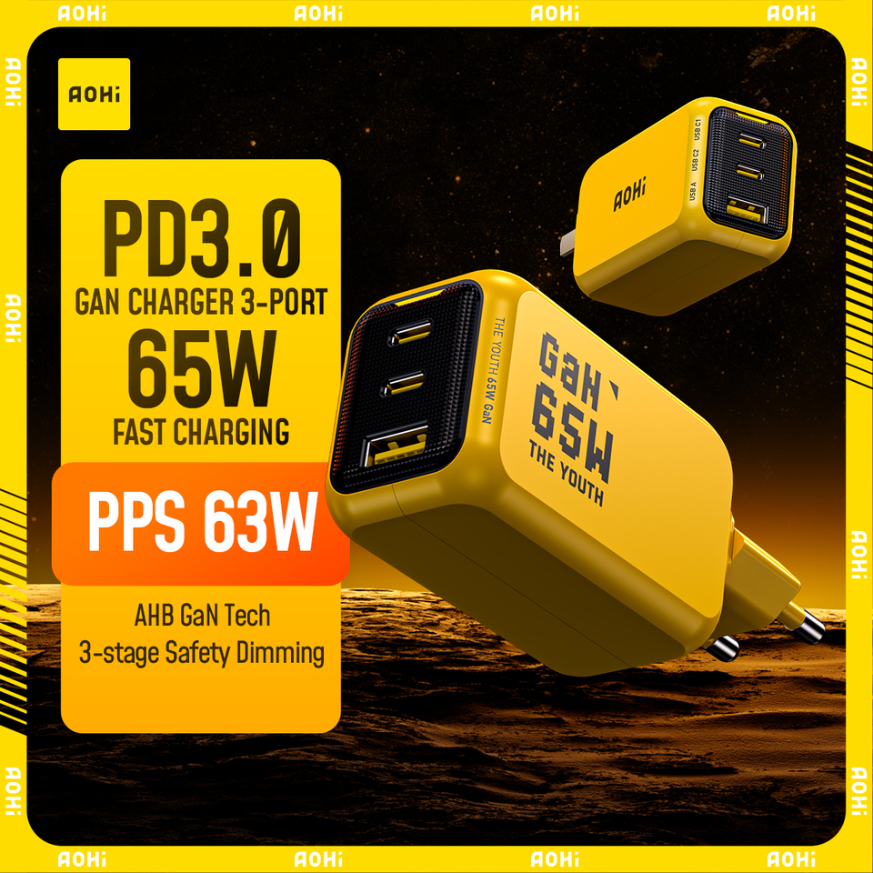  AOHI THE YOUTH  65W GaN Charger Type C PD Charger 3-Port USB Charger with QC4.0 Portable Fast Charger For iPhone