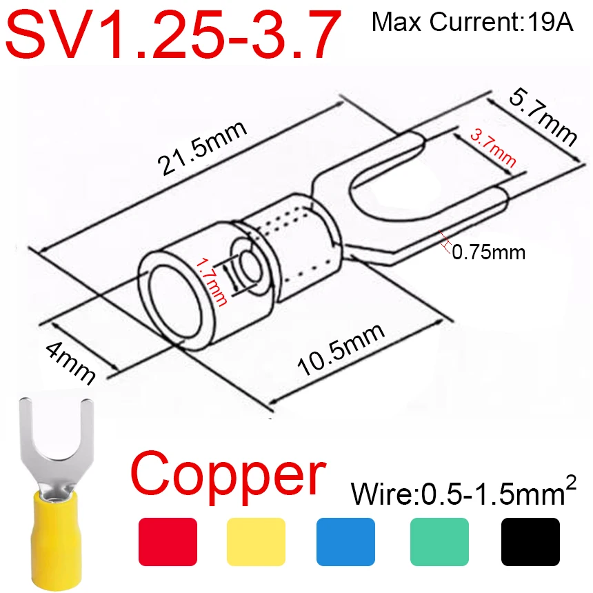 thumbnail image 1 of SV1.25/2/3.5/5.5/8-3/3.7/4/5/6/8 SV1.25/2/5 Cable de alambre Furcate de horquilla de cobre conector eléctrico Terminal de engarzado aislado de pala, 1 of 5