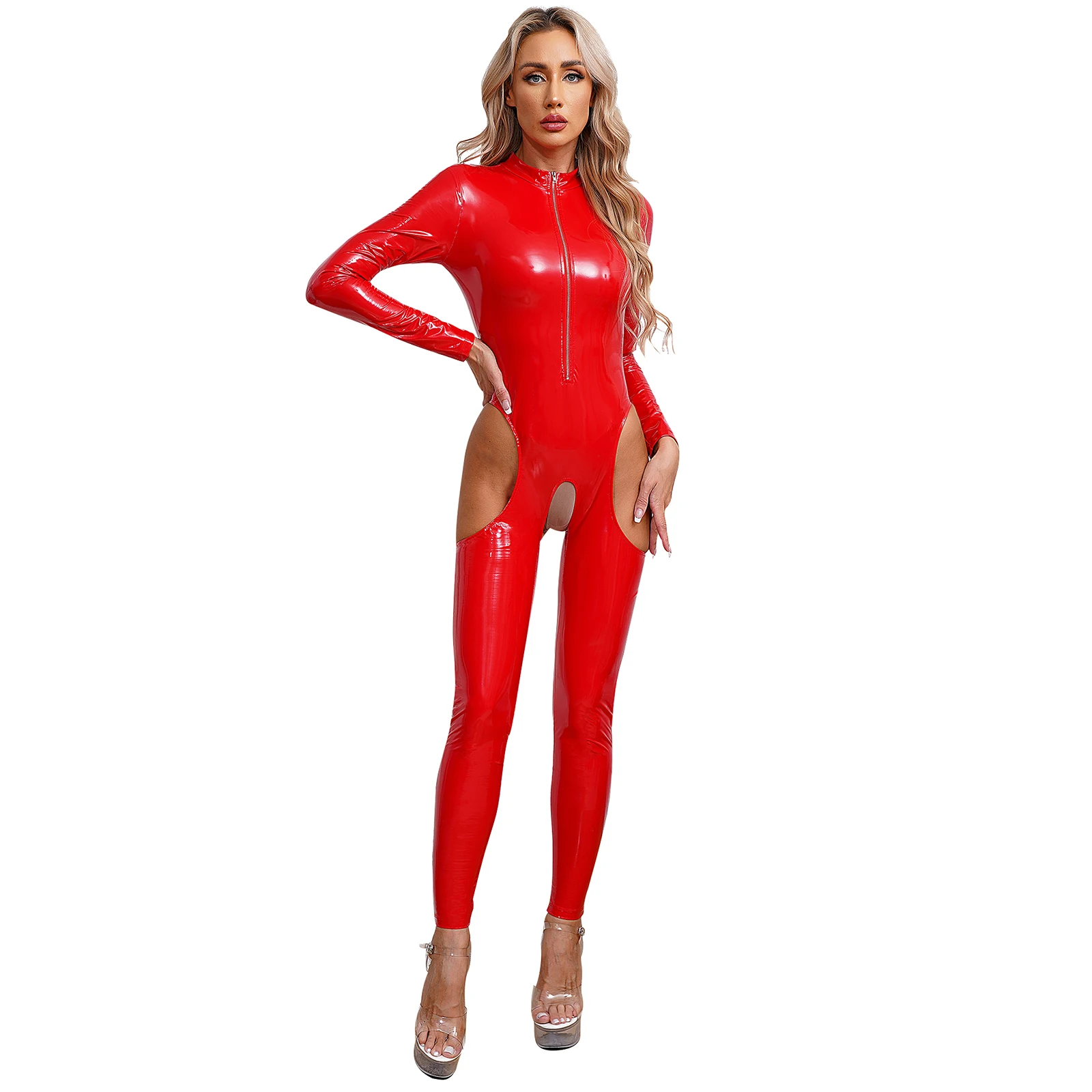 

Womens Cutout Lingerie Open Crotch Patent Leather Jumpsuit Long Sleeve Wet Look Bodysuit Crotchless Catsuit Teddies Clubwear