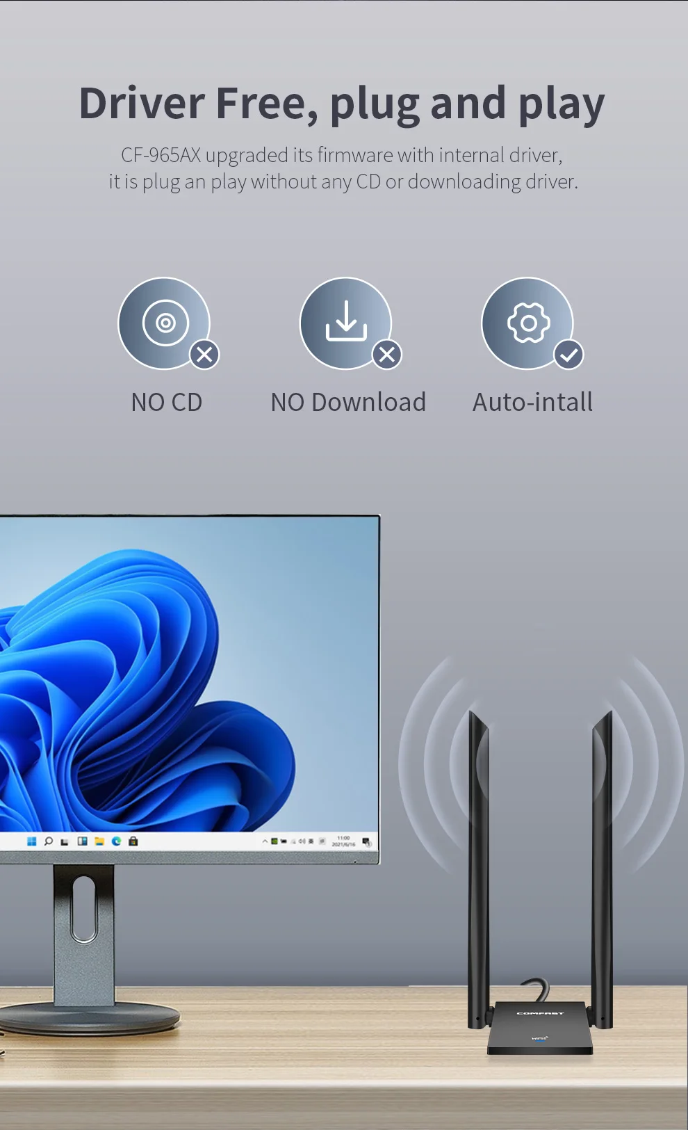COMFAST 와이파이 6 USB 어댑터, 듀얼 밴드 2.4G, 5GHz 무선 와이파이 안테나 리시버, USB 3.0 익스텐션 케이블 동글, Win10 11, AX1800