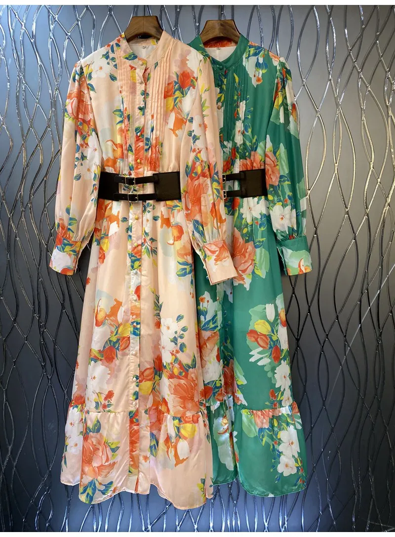 

New 2022 Autumn Long Dress High Quality Women Charming Floral Print Belt Deco Long Sleeve Apricot Green Long Maxi Dress Vestidos