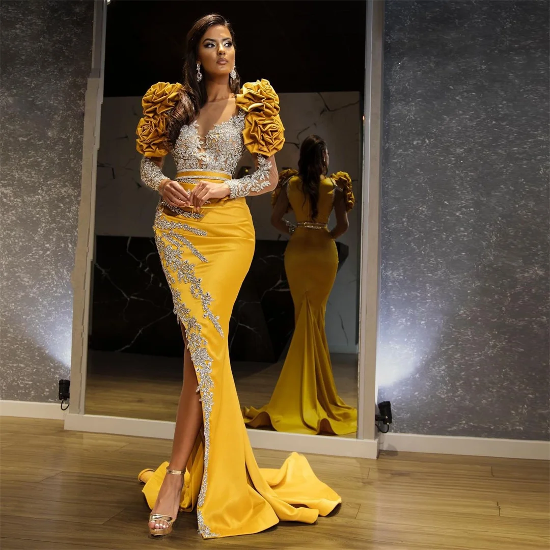 

Glamorous Yellow Evening Dresses Long Ruffles Sleeves Prom Gowns Custom Made Crystals Beading Side Split Party Dresses