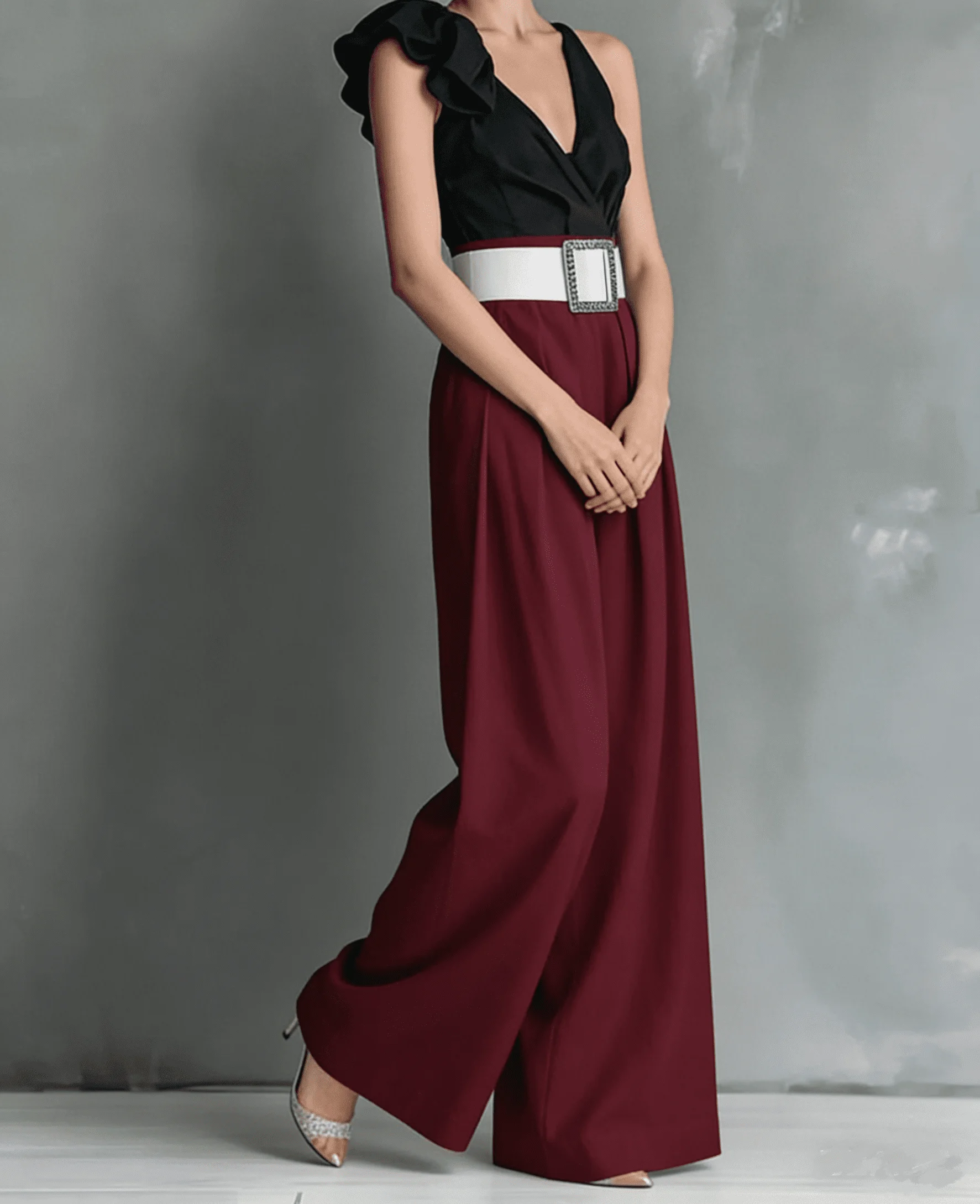 Damen High-Waist Weite Hosen mit Quadratischem Schnallenverschluss, Plissierte Lose Lange Hosen für Büro, Abend und Party – Detail 2