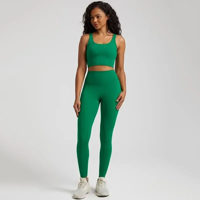 Lemon Gym Yoga Set Tight Leggings Sports Fitness Bra Top 2pc Suit Comprehensive Training Jogging Women Round Neck U Shape