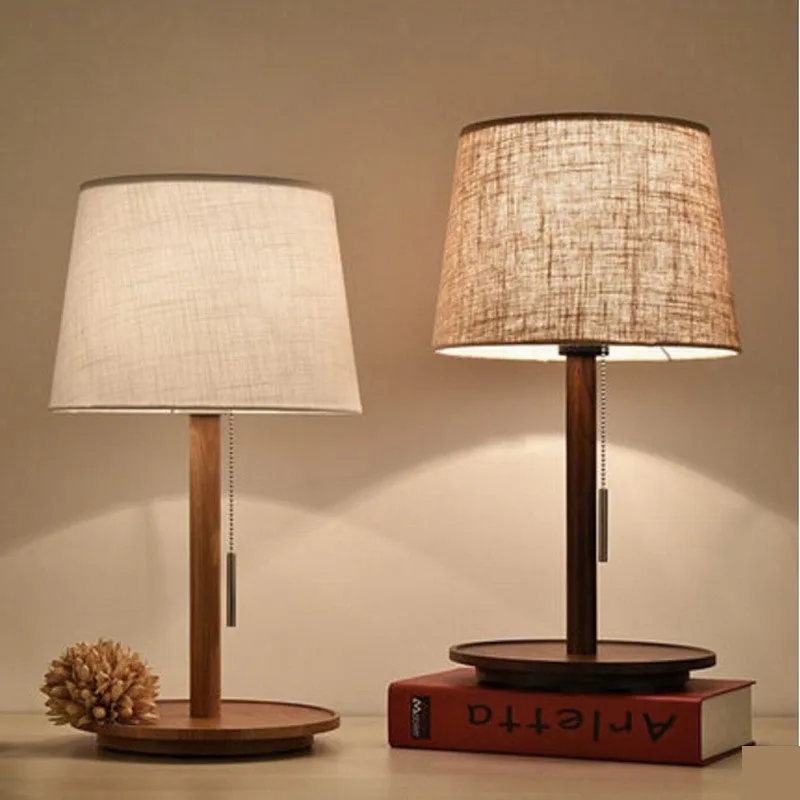 

Bedroom Bedside Lamp Decoration Nordic Living Room Study Walnut Wood Study Cloth Lampshade Household Wooden Table Lamp