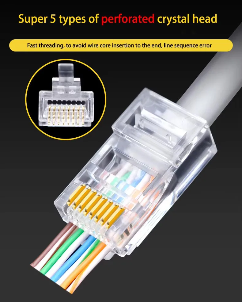 RJ45 Connector Cat6 Connector Network Unshielded RJ45 Perforated Crystal Head Network Cable 50 PCs