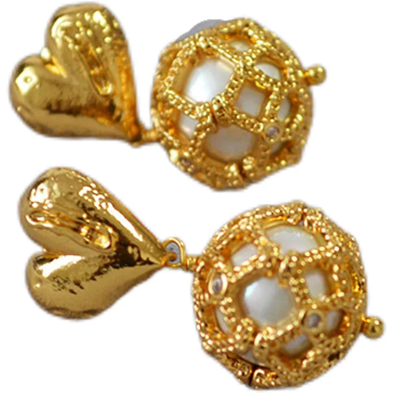 Vintage Style Earrings Gold-plated Brass Love Heat Pearl 925 Silver Needle Drop Earrings