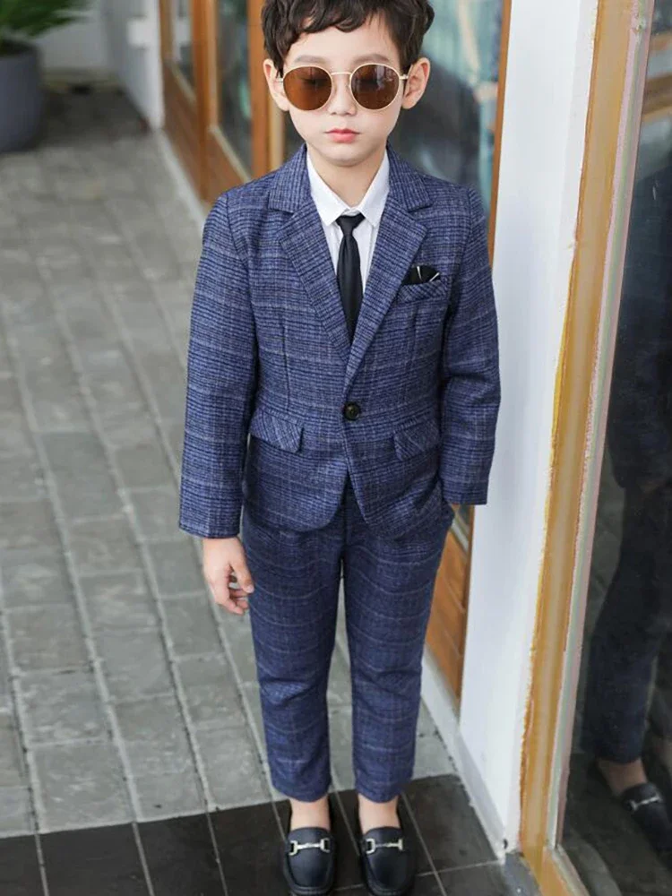 Boys Suit Set Kids Pant Blazers Set Spring Autumn Boys Casual 2pcs Suits Jackets Plaid Single Button Children Party Wedding Clothes 3-11y