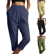 

Cotton Linen Thin Women's Pants Solid Elastic Waist Pant For Women 2022 Summer Straight Balck Blue Homewear Trousers