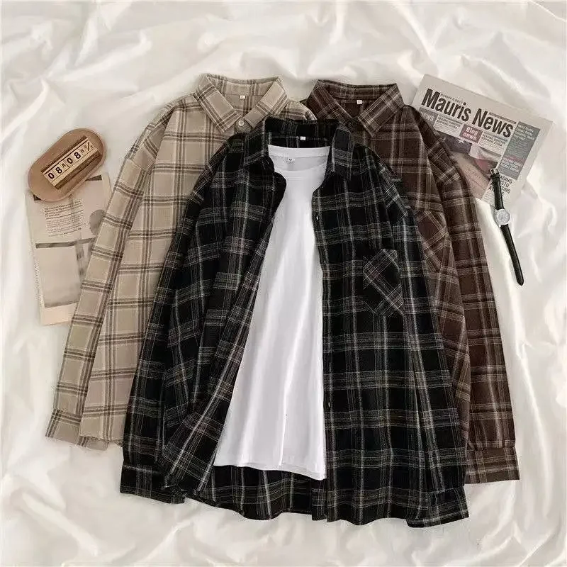 Vintage Plaid Shirts Women Autumn Long Sleeve Oversize Button Up Shirt Korean Fashion Casual Fall Outwear Tops