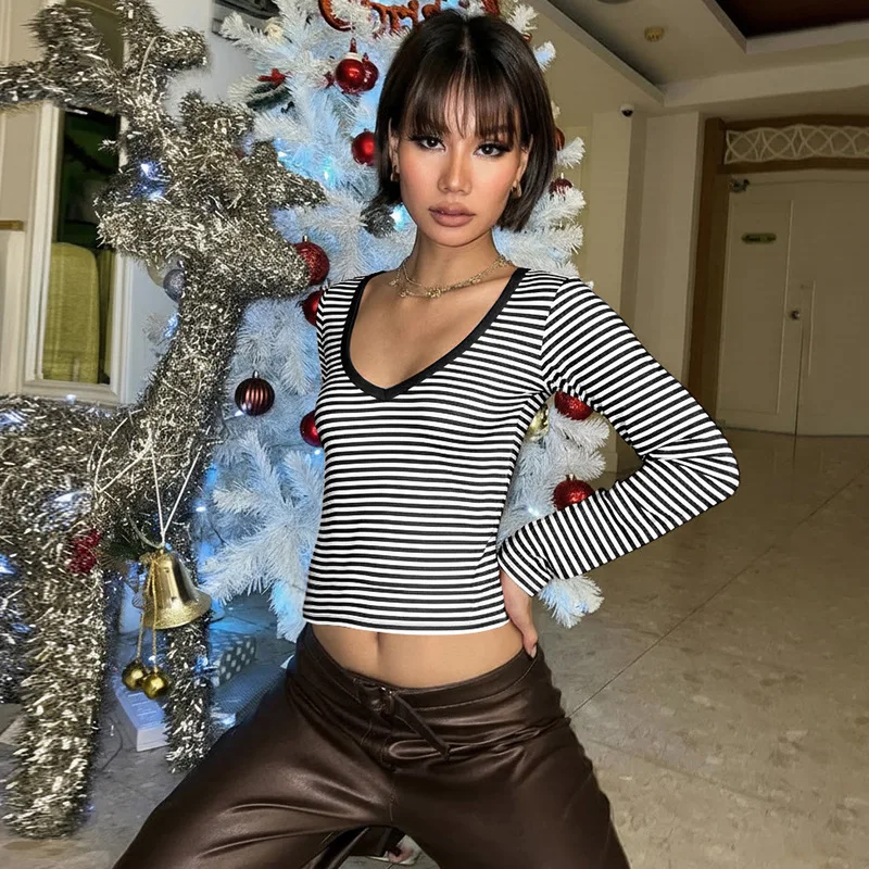 New Fashion Women's V-neck Striped Slim-fitting Long-sleeved T-shirt Elegant Short Versatile Sexy Women's Top Casual Blouse