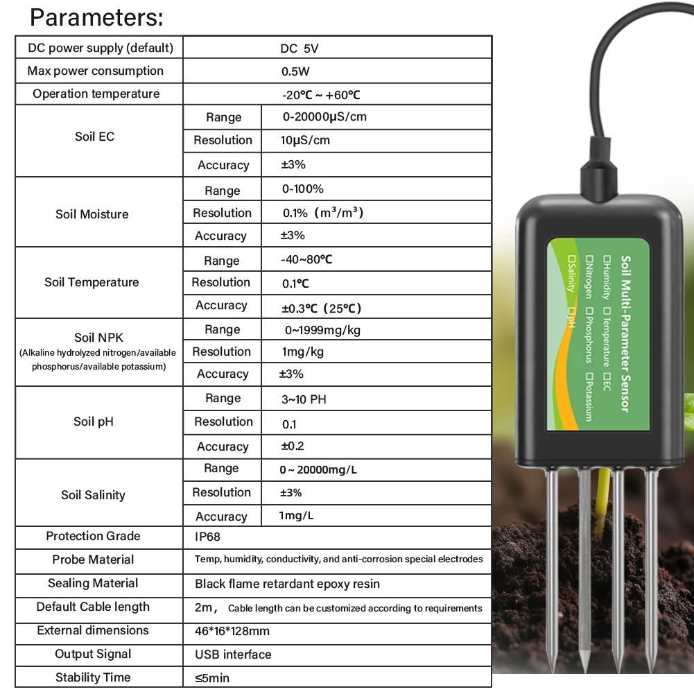 Soil Multi-Parameter Sensor RS485 8-in-1 pH EC Moisture Temperature Salinity NPK