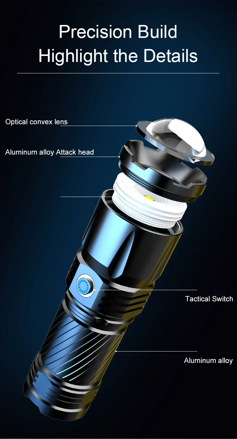 Description Picture 6 of itemSuper Long Range 5KM LED Flashlight Type-C Charging 20000LM Strong Light Tactical Torch Lamp Outdoor Portable Lantern Waterproof