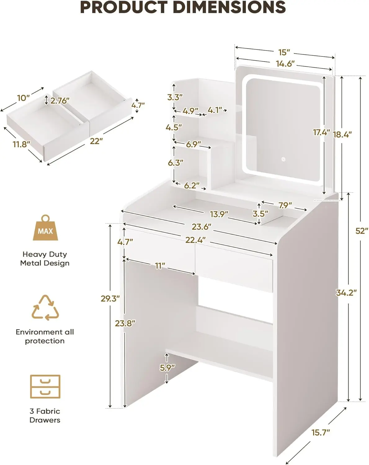 Small Vanity Desk Set with Square Mirror and Light- Vanity Desk with Drawer- White