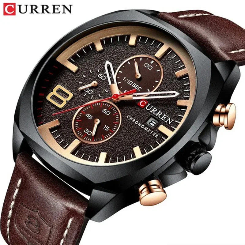 

CURREN Men's Waterproof Six-pin Calendar Chronograph Sports Military Men's Clock Top Brand Luxury Leather Watch 8324 Brown-gold