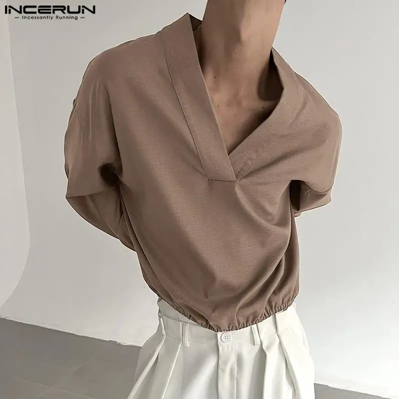 

Handsome Well Fitting Tops INCERUN Men V-neck Hem Rubber Band Design Shirts Casual Solid All-match Comfortable Blouse S-5XL 2023