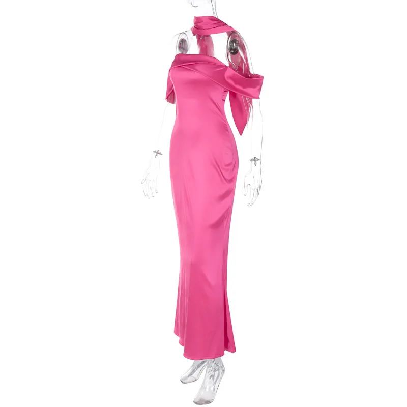 Elegante vestido largo sin espalda para mujer, ajustado, a la moda, con hombros descubiertos, vestido de fiesta de noche con cremallera, vestido de fiesta liso 2025