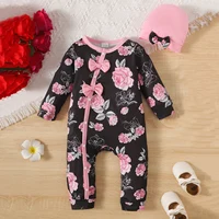 Baby Girl Floral Printed Button Up Long Sleeve Bodysuit With Bowknot, Cute Casual Jumpsuit 2