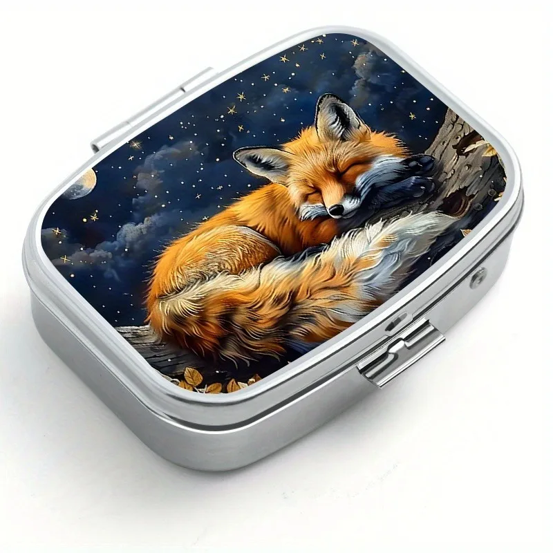Charming Fox Pattern Medicine Box Compact 2-Grid Moisture-proof Sealed Storage Box Portable Metal Medicine and Vitamin Box