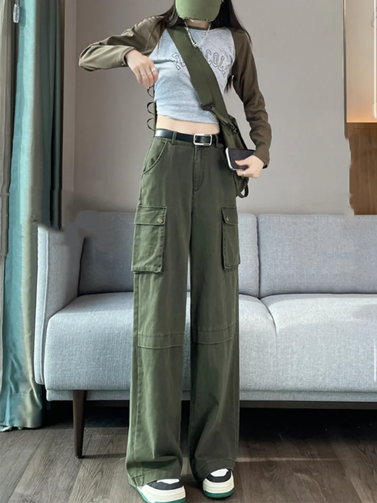 New Y2K Fashion Cargo Women Wide Leg Pants High Waist Chicly Pockets Female Pants Straight Casual Black Loose Trousers Lady
