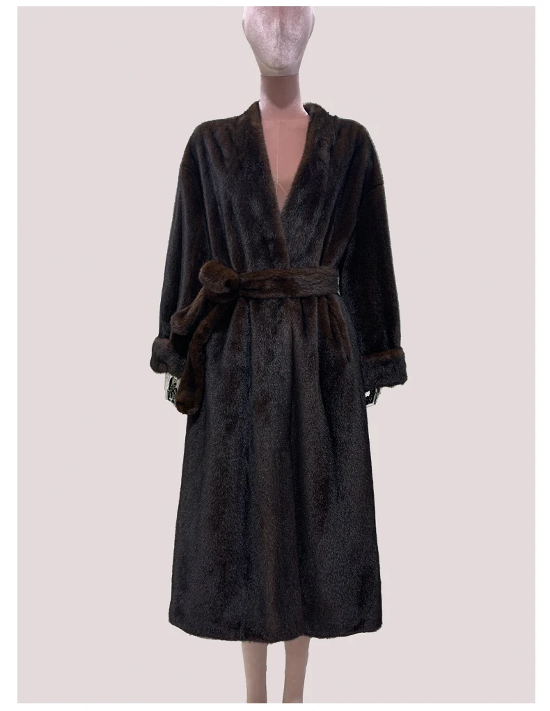 Mauroicardi Spring Winter Elegant Luxury Long Thick Warm Fluffy Soft Brown Faux Mink Fur Coat Women with Deep V Neck Sashes 2025
