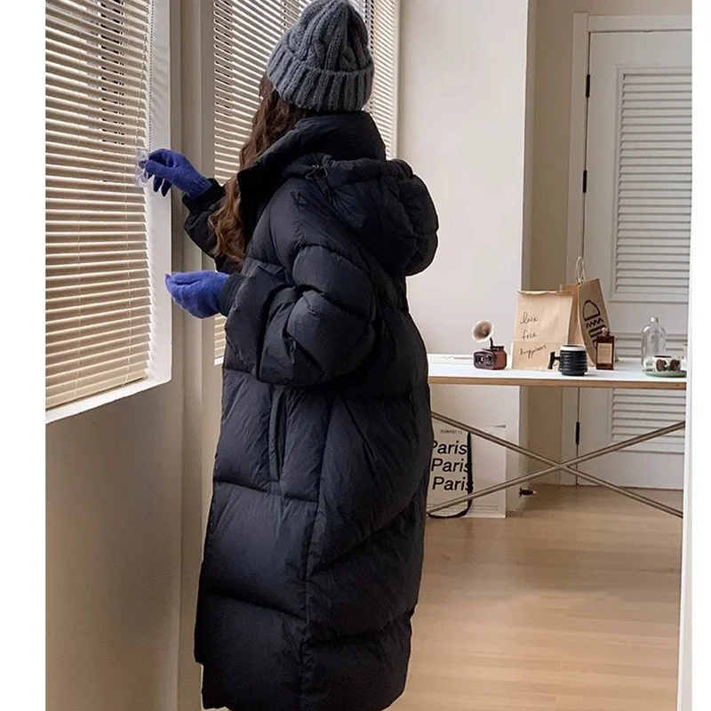 Knee Length Hooded Thickened Down Coat For Women's 2023 Winter New Loose And Warm White Duck Down Jacket C28