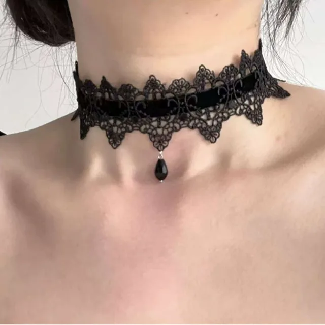Collier ras du cou gothique en velours pour femmes, avec pendentif goutte d'eau en forme de fleur, Punk, bijoux élégants, accessoire de fête 1