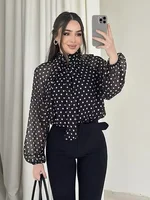 Femmes à pois imprimé Blouse décontracté col haut à manches longues dame haut Simple femmes Blouse femmes chemises et chemisiers 2