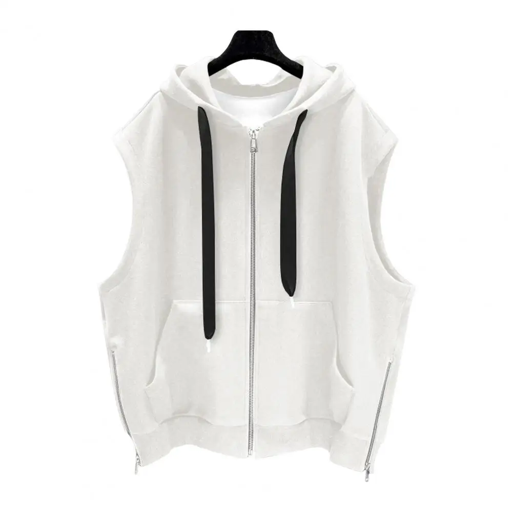 Men Hooded Vest Men's Summer Hooded Sport Vest With Zipper Placket Pockets Solid Color Loose Fit Coat For Outdoor Activities