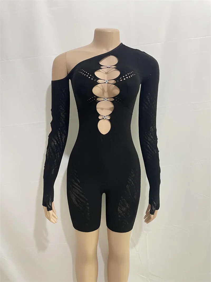 Diamonds Hollow Out Playsuits Women Sexy Slash Neck Off Shoulder Gloves Long Sleeve Shorts Rompers Clubwear Slim Party Overalls