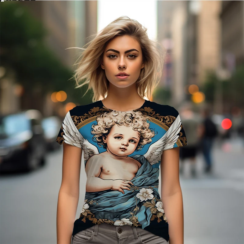 

Летняя новая женская футболка с 3D принтом ангела малыша, женская футболка, милая повседневная женская футболка, модная трендовая женская футболка