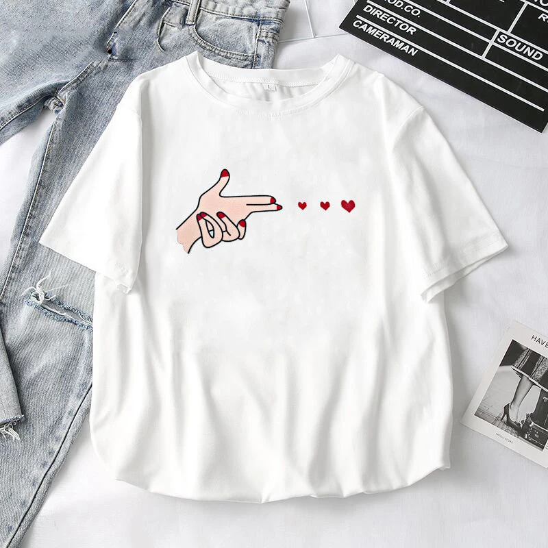 

F12 Heart Flower Print Womens T-Shirt Ladies Casual Basis White Shirt Short Sleeve Ladies T-Shirt Love Graphic Printing