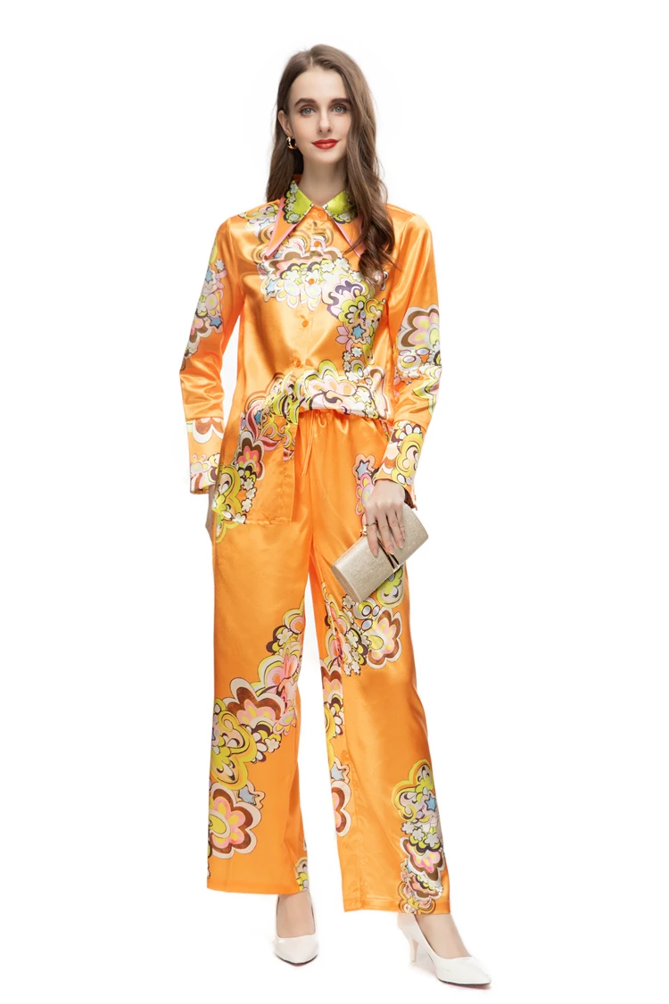 Women's Two Piece Pants Sets Turn Down Collar Long Sleeves Printed Shirt with Elastic Waist Pant Fashion Twinset Sets