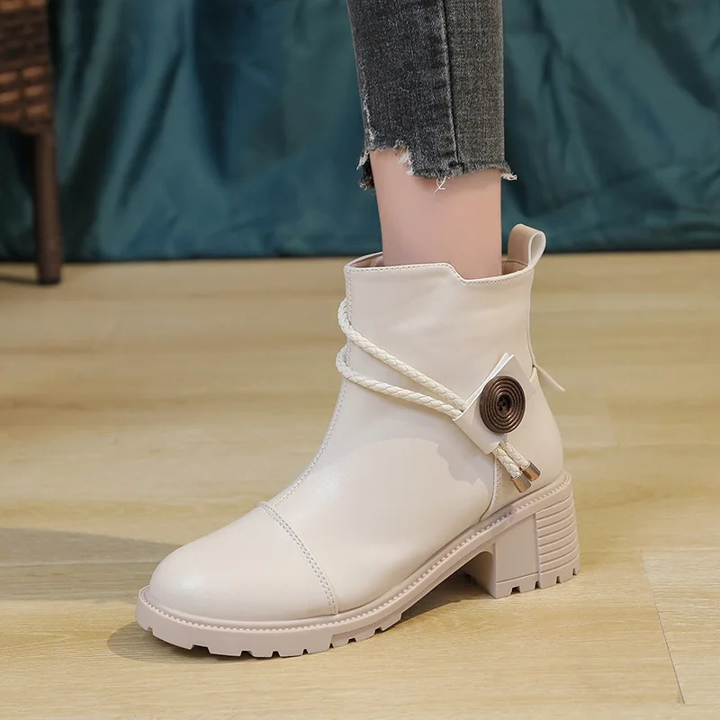 

Женские ботильоны коллекции осень-зима 2023, модные кожаные ботинки на высоком каблуке, однотонная повседневная женская обувь на молнии, короткие ботинки с круглым носком