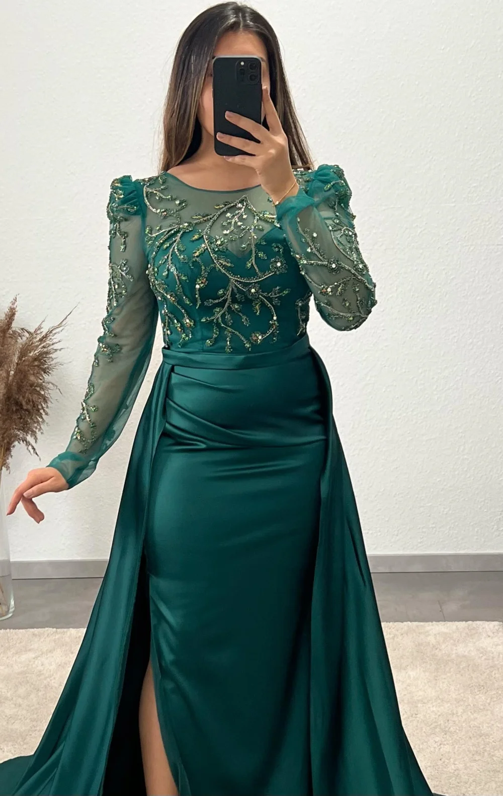 Mermaid Sexy Elegant O-Neck Sexy Pleated Beading Satin Evening Gown Custom Made Formal Party Dress Long Sleeves Prom Dresses
