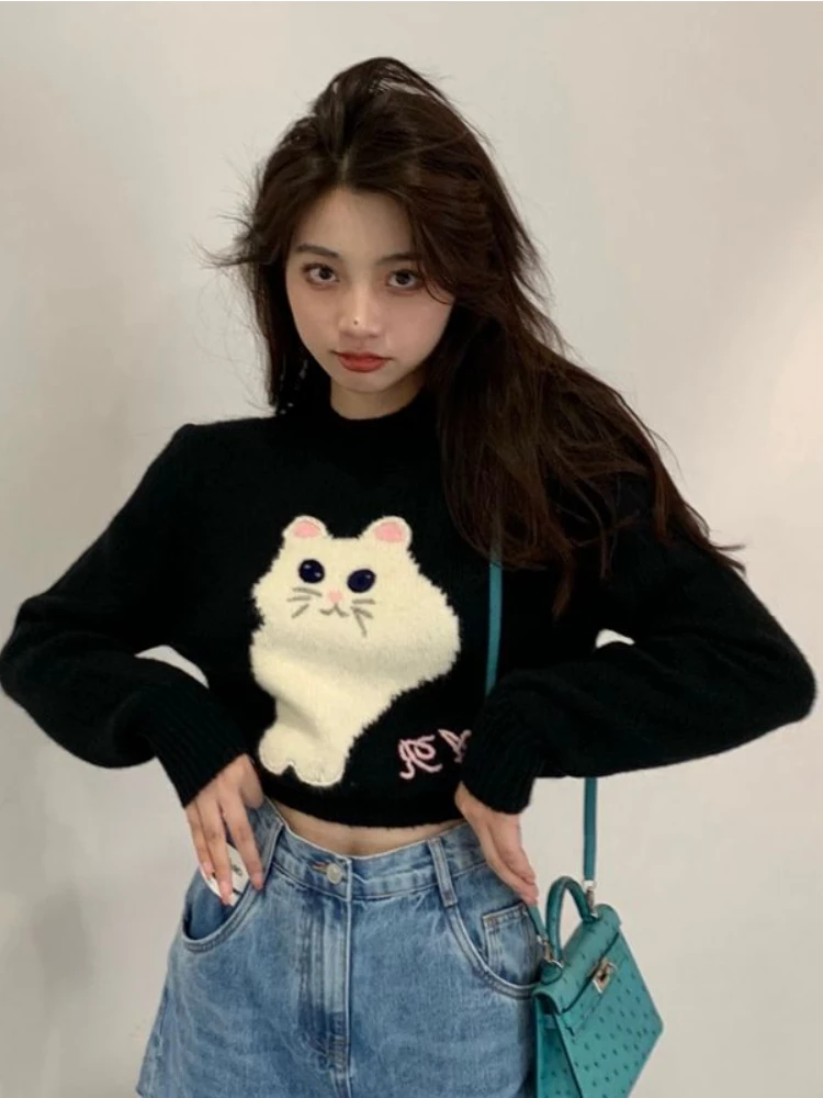 

Deeptown Harajuku Kawaii Cat Cropped Sweater Women Sweet Cartoon Knitted Jumper Korean Fashion Loose Casual Tops Y2K Fairycore