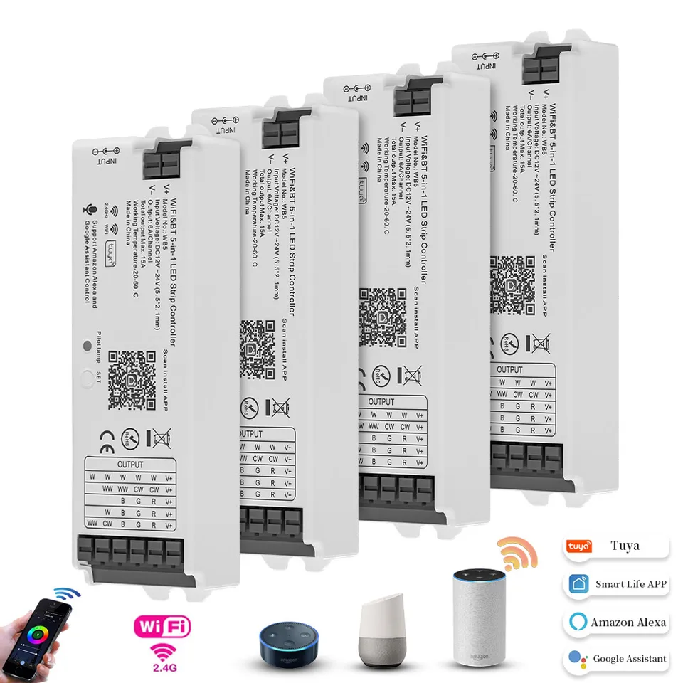 WB5 WiFi 5 IN 1 Led Controller Tuya APP Home Voice Control RGB RGBW CCT Led Strip Light Dimmer