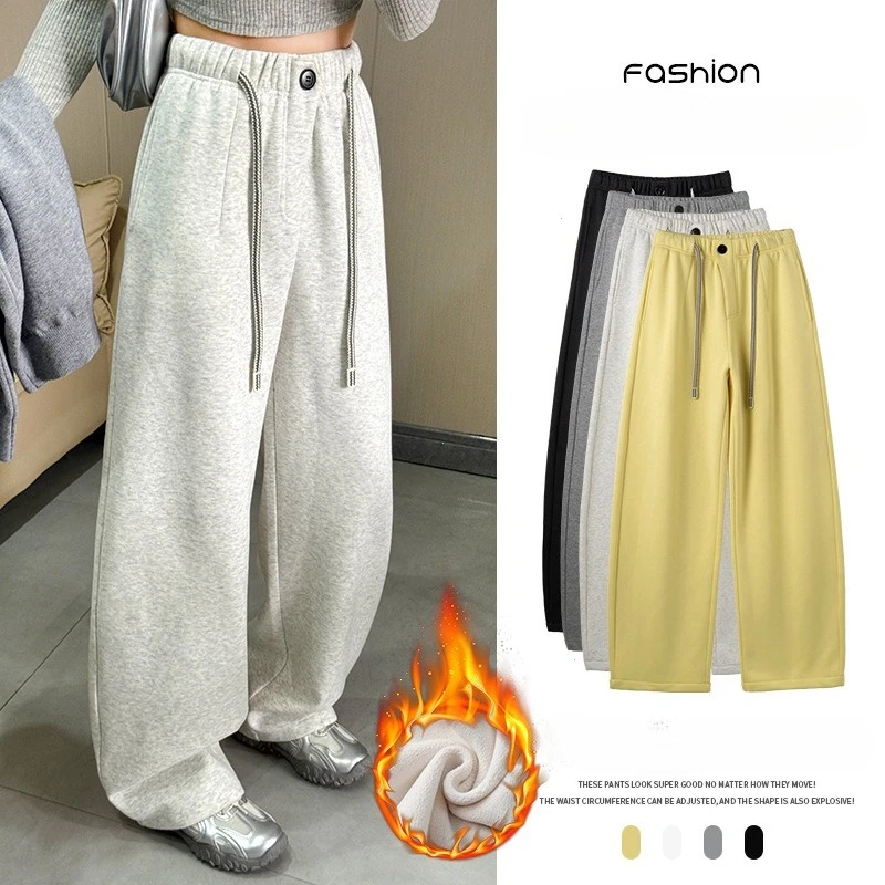 Winter Women Streetwear Baggy Fleece Pants Lady High Waist Snow Warm Plush Trousers Girls Slim Fit Daily Thermal Pants
