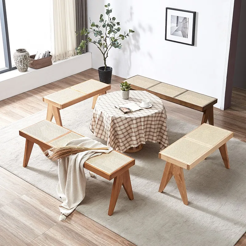 Vintage rattan bench bedroom bed end solid wood shoes changing stool living room ins Japanese B&B designer bed end stool